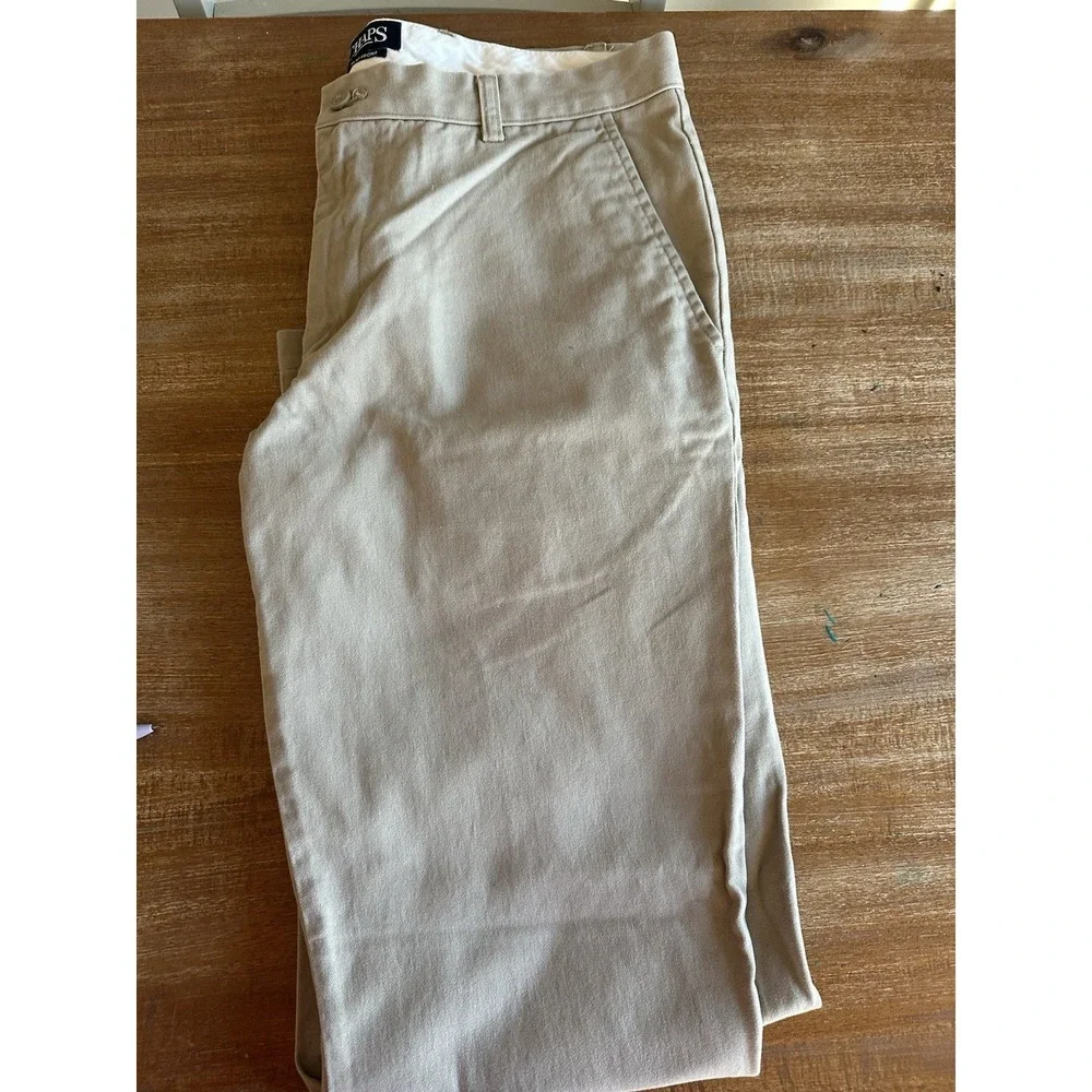 Chaps Casual Dress Pants Mens Beige Tan Khaki Chino Flat Front Cotton 34x32 NICE
